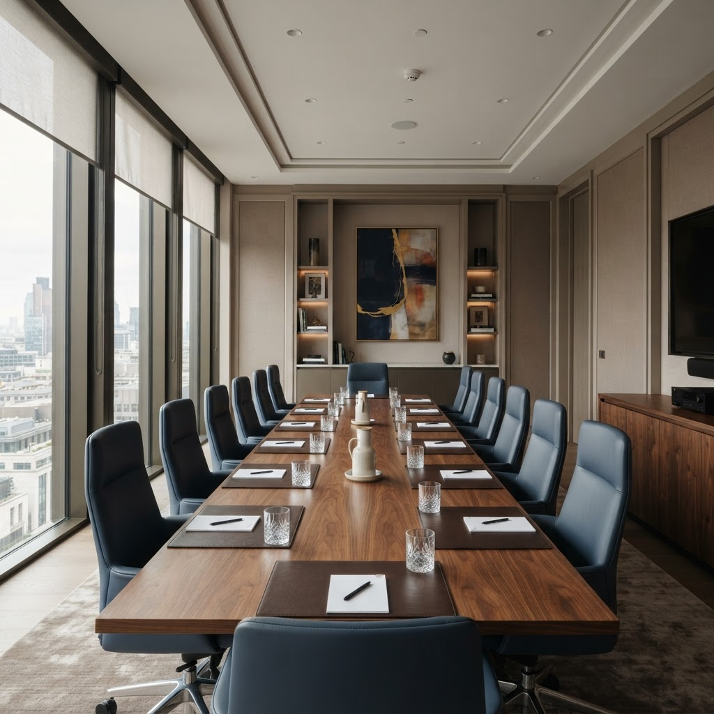 Understated corporate boardroom with a long walnut table and soft daylight